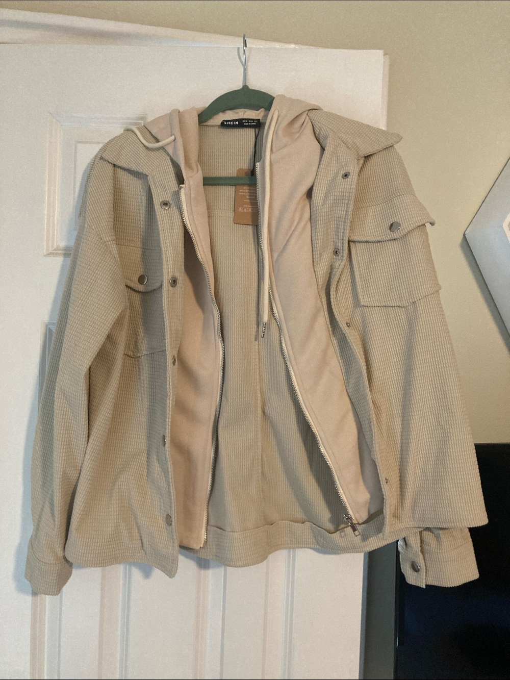 SHEIN Neutral Waffle Hooded Shirt Jacket - Beige